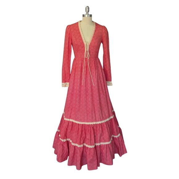 Gunne Sax Red Floral Corset Maxi Dress Size 9 Vintage 70s Prairie Lace Up - Picture 2 of 12